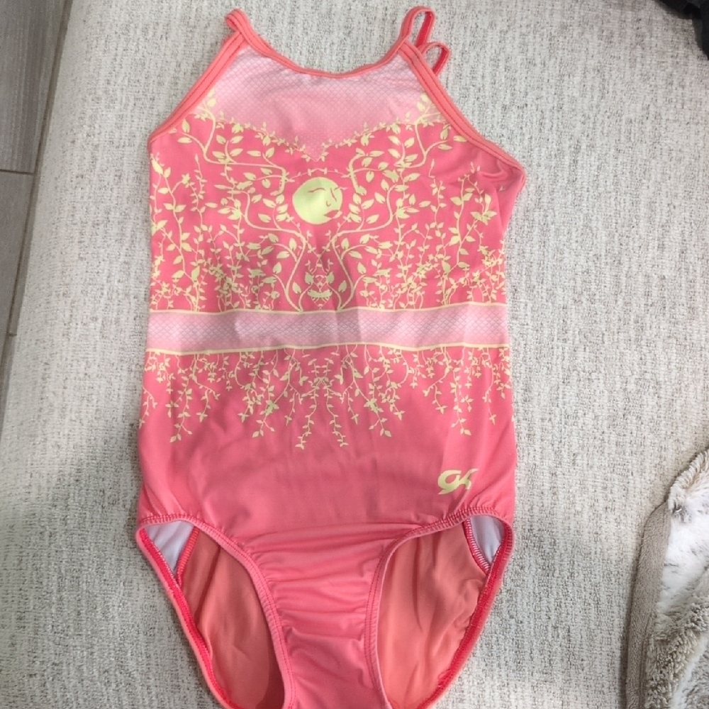 Pink and Gold Gymnastics Leotard with Leaf Design
